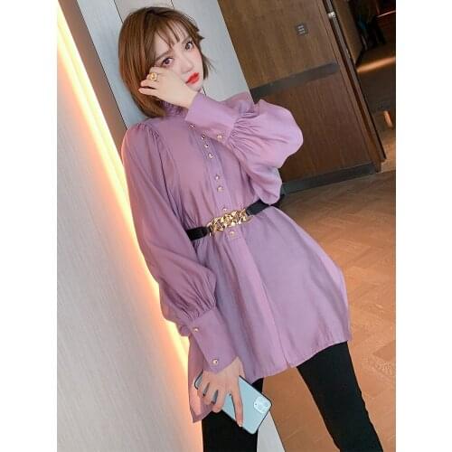 Ear lace collar, lantern sleeve, split waist, mid length shirt 2021 Spring new