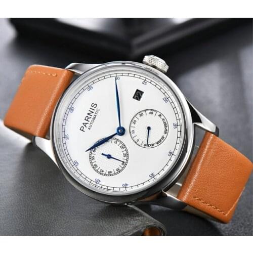 43mm PARNIS White dial power reserve Automatic Self-Wind Mechanical movement Auto Date mens watch Mechanical watches pa011-20