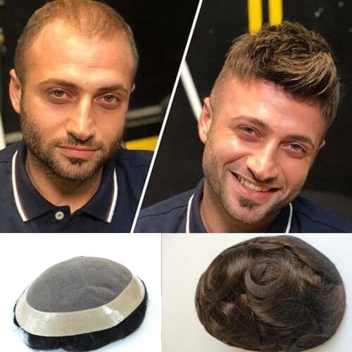 Natural Brown Remy Human Hair Mono Base Toupee Mens Hair Replacement Men Toupee Light Density Around PU 6*8 7*9 inch Human Hair