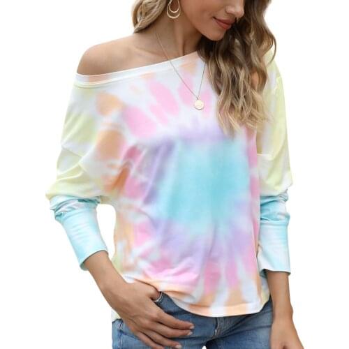 New High Street Casual Womens Clothing Tie Dyed Gradient Sexy Off Shoulder T Shirt Loose Top Female 2020 Autumn and Winter