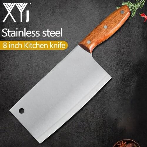 XYj Stainless Steel Chinese Style Cleaver Knife 8'' inch Sharp Blade Wood Handle Kitchen Chopping Meat Bone Fruit Tools