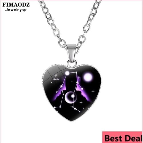 FIMAODZ 12 Constellation Heart Necklace Zodiac Sign Gemini Leo Glass Pendant Chain Birthday Gifts for Women Friends Gift Jewelry