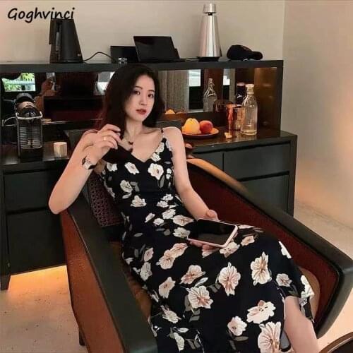 Dress Women Black Floral V-neck Thin Breathable Summer Mid-calf Korean Style Elegant Sexy Female Clothing Hipster Vintage Simple