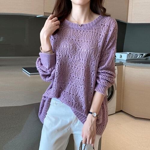 Pullovers Women Candy Color Vintage Loose Long Sleeve O-Neck Sweater Female Spring Autumn Thin Hollow Out Knitted Lazy Jumper