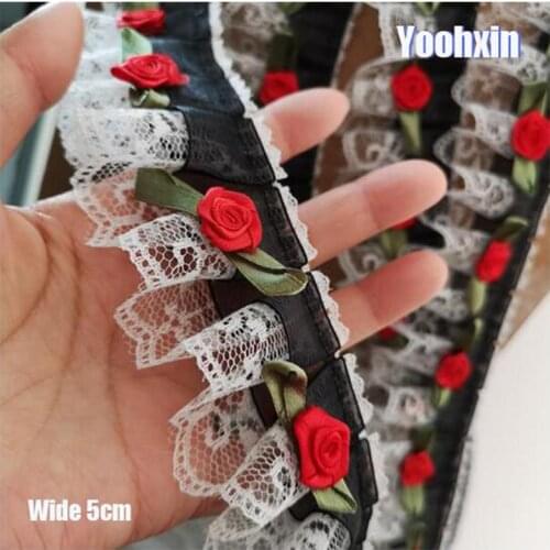 5CM Wide Luxury Embroidery 3D black flower lace fabric trim ribbon DIY sewing applique collar fringe guipure wedding cloth decor