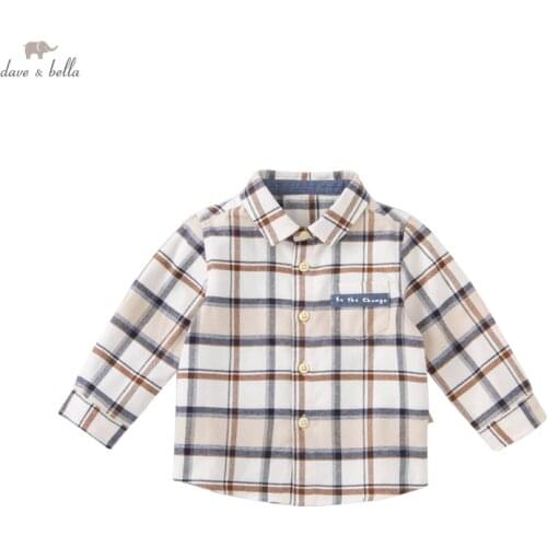 DBA18764 dave bella autumn fashion baby boys letter plaid print shirts infant toddler tops children high quality clothes