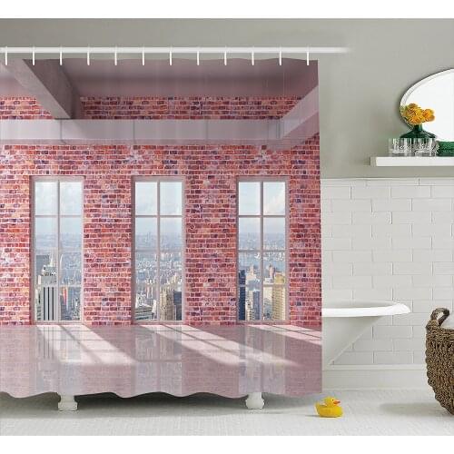 Modern Decor Shower Curtain Red Brick Wall Loft Interior with Windows to City Urban Contemporary Design Home Decor Bath Curtains
