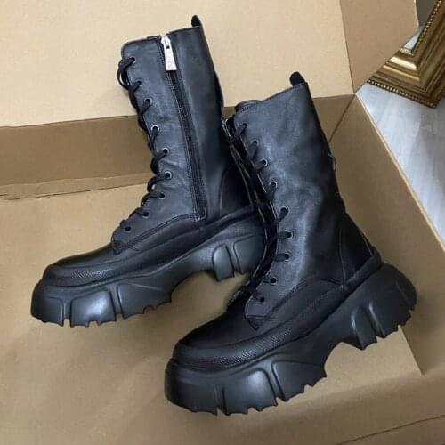 Women Motorcycle Boots Wedges Flat Shoes Woman High Heel Platform PU Leather Boots Lace Up Women Shoes Black Boots Girls