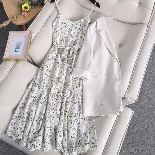 Plus Size Womens Suit Jacket 2021 New Summer French Sling Floral Dress + Suit Jacket Plus Size Womens Two-piece Suit