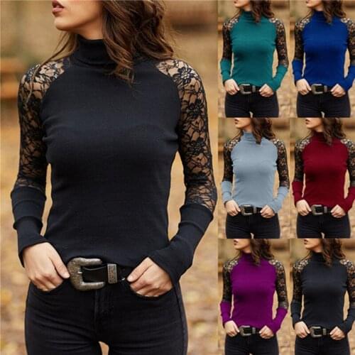 Spring and Autumn Women Knitted Turtleneck Sweater Casual Soft O-neck Jumper Fashion Slim Lace Hollow Out Long Sleeves Clothes