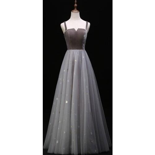 2020 Silver Gray Evening Dresses Long Prom Dresses High Quality Pleats Tulle with Gold Embroidery