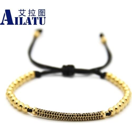 Ailatu Fashion Men & Women Jewelry, 4mm No Fade Bronze Beads Weave Thin Black Cubic Zirconia Tube Braided Macrame Bracelets