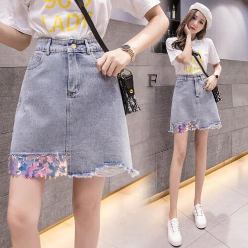 Sequins Demin Stitch Plus Size Oversized Korean Fashion High-Waisted Vintage Summer WomenS Clothing Skirt Vetement Femme 2021
