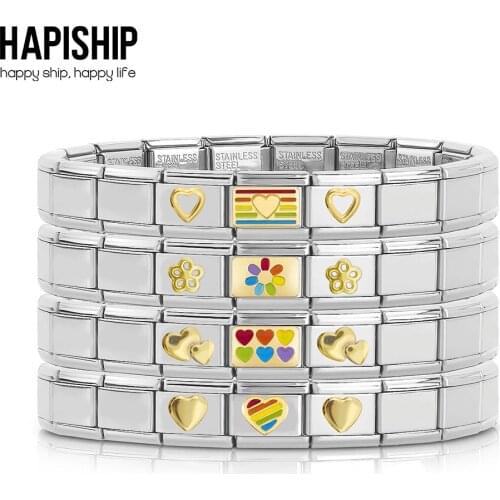 Hapiship 2021 Fashion Sweet Rainbow Heart Flower Charm Links 9mm DIY Bracelet Birthday Gift Bangle For Women Men Jewelry GDJ387