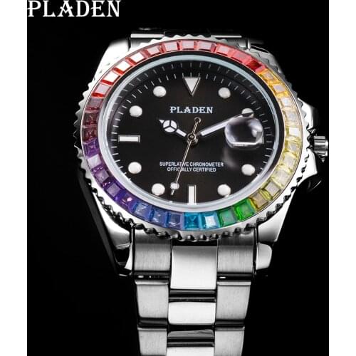 PLADEN Mens Watches Lab Diamond Brand Luxury Sapphire Fashion Boss Timekeeper Luminous Calendar Japan Quartz Movt Wristwatches