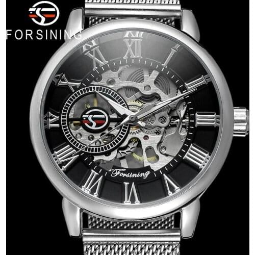 FORSINING Men Wristwatch Military Sport Male Clock Top Brand Luxury Silver Stainless Steel Skeleton Wind Mechanical Watch 8099