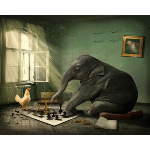 DIY Painting By Numbers Elephant and Chicken Playing Chess Oil Picture By Numbers Animals Wall Art Painting on Canvas Home Decor
