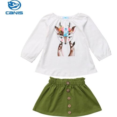 Newborn Kid Baby Girl Cartoon Deer Print Long Sleeve T-shirts Tops Tees Button Skirts 2Pcs Children Spring Autumn Outfit Clothes