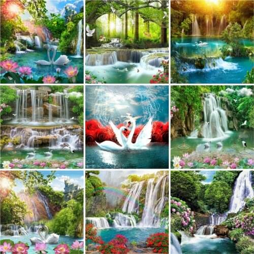 Huacan Diy Diamond Painting Swan Waterfall Full Square/round Embroidery Mosaic Animal Natural Scenery Home Decor Wall Stickers