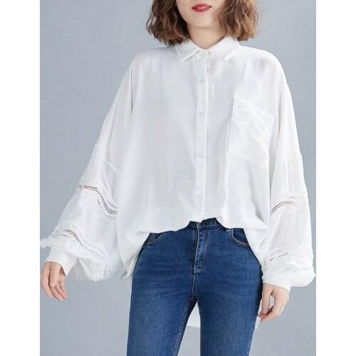 Spring Autumn Women Shirts Hollow Lace Long Sleeve Cardigan Coat Stitching Loose Lantern Sleeve Casual Solid Color Women Tops