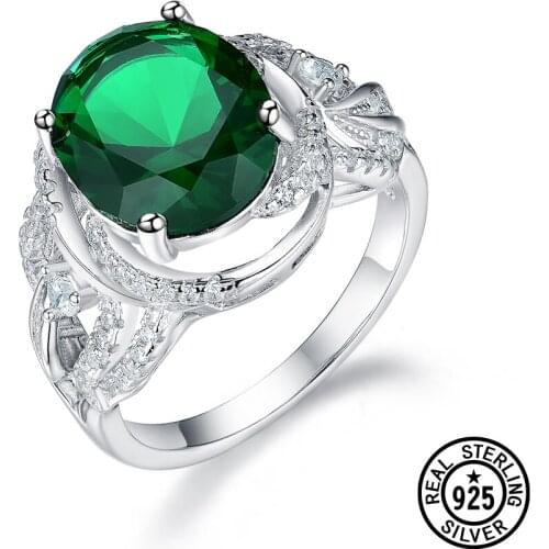 Real 925 Sterling Silver Rings For Women Luxury Classic Created Russian Nano Emerald Clear Zirconia Elegant Ring Fine Jewelry