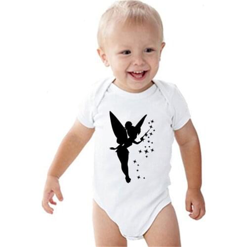 Disney Cartoon Tinker Bell Print Baby Clothes Summer Newborn White Short Sleev Jumpsuits Bodysuits For Baby Boys Girls Infant