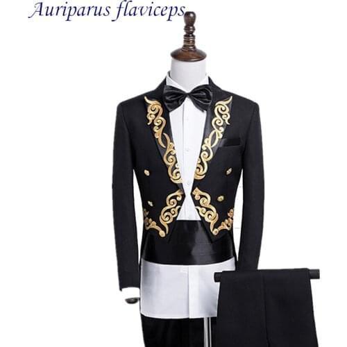 Auriparus flaviceps Handsome Tailcoat Embroidery Costumes Groom Tuxedos Groomsman Suit Prom Suits Performance Man Suits Stage