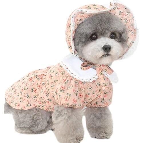 Cute Dog Clothes Pet Skirt Princess Girl Dress Floral Lapel Short Sleeve Dresses Clothing Summer Pet Costume Apparel Pink Yellow