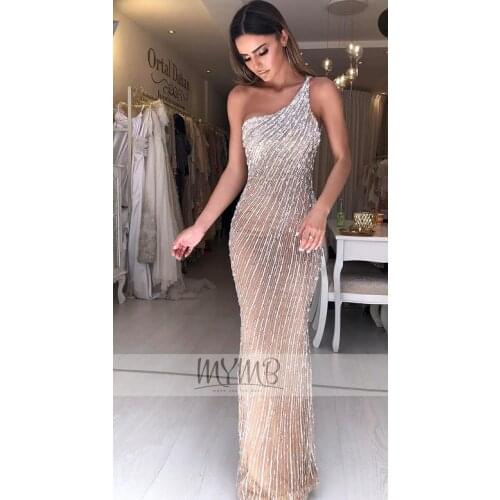 MYMB Dubai Fancy Stylish Formal Dresses Evening Gown One Shoulder Fitted Bodice Design Crystal Handmade Teenage Prom Party Gowns
