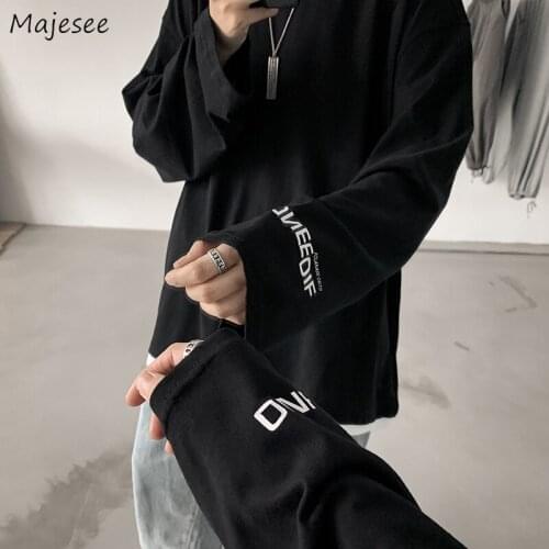 Men Long Sleeve T-shirts Fake Two Pieces Letter Print Loose Simple High Quality All-match Korean Style Ulzzang Casual Chic INS