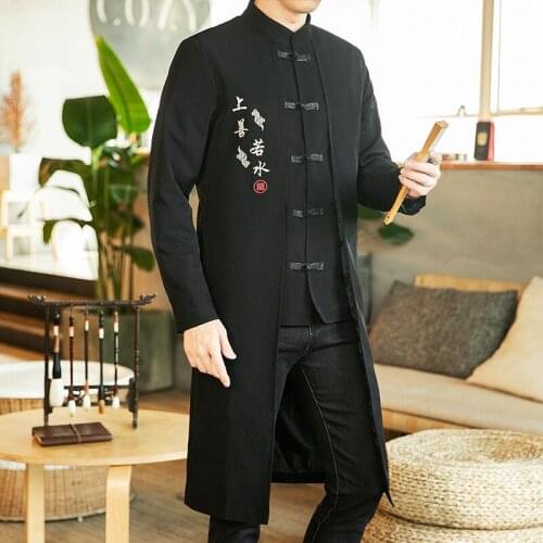 2021 Spring New High Quality Long Coat Mens Long Hooded Cotton Coat Jacket Kanji Embroidery Brand Clothing