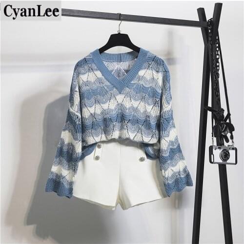 Cyanlee Autumn New Design V-neck Striped Loose Sunscreen Sweater Two Piece Diamond Button Shorts Sets Women Knitted Set