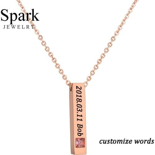 SPARK Rose Gold Customized Name Bar Pendant Necklace Women Fashion Cubic Zirconia Personalized Square Necklace Valentines Day
