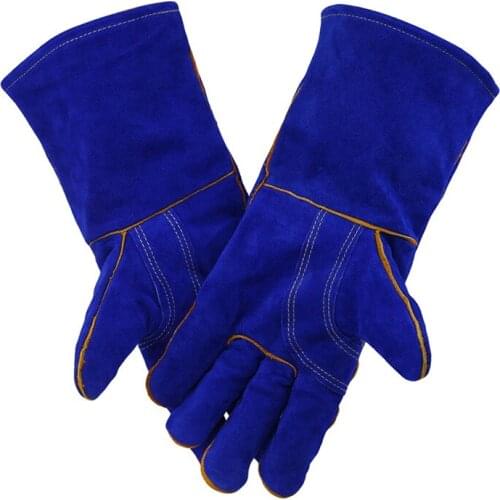 Blue Cow Split Leather Gloves Florist Gardener Carpenter Work Gear Heat Resistant Catering Baking BBQ Grill Oven Mitten G4