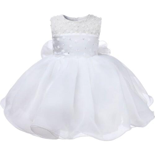 Beaded Tulle Baby Girl Dress Summer Infant Christening Gown Big Bow 1 Year Birthday Baby Dress Newborn Baptism Party Dresses