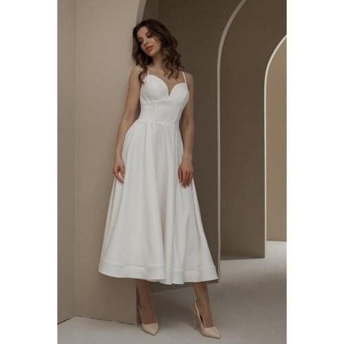 Ivory Soft Satin V-Neck Short Mid-Calf A-Line Wedding Dresses Custom Made Spaghetti Straps Bridal Gowns