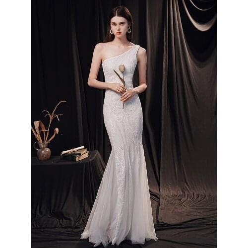 YIDINGZS Elegant One Shoulder White Long Sequin Evening Dress 2021 New Women Party Dress Wedding Wear