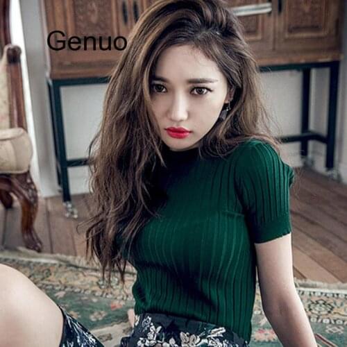 Women O-neck Knitted Short Sleeve Solid Thin T-shirts Girls Knitting Large Elastic Tees Tops