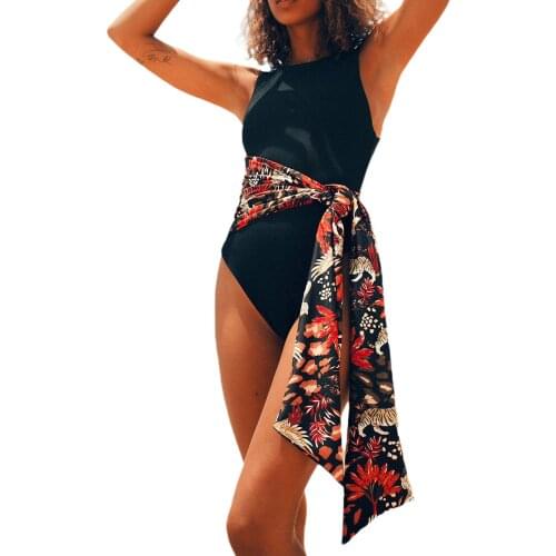 Women Solid Color Swimsuit Sleeveless Back Zipper Closure Tank Swimwear with Vacation Style Printed Waistband