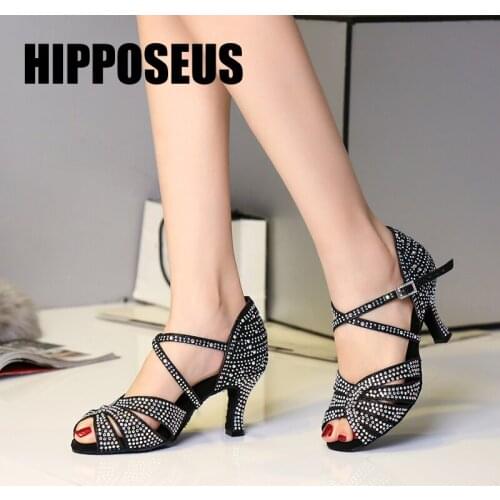 HIPPOSEUS Girls Latin Dance-Shoes For Women Ladies Ballroom Modern Tango Dancing Shoes High Heels Salsa Sandrals Silver/Black