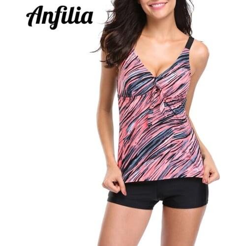 Anfilia Tankini Set Women Swimwear Retro Floral Print Swimsuit Bathing Suit Push Up Bikini Set Beach Wear Printed Swimsuit
