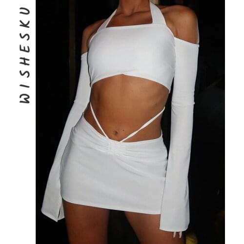 Backless Sexy Two Piece Skirt Set Women Halter Long Sleeve Crop Top+Bodycon Mini Skirt 2021 Summer Cute Club White Outfits