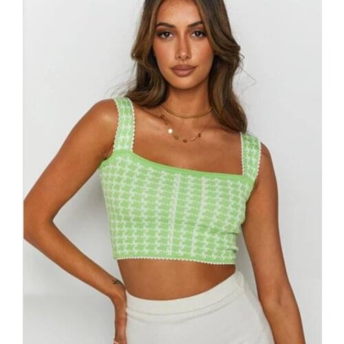 Vintage Plaid Knitted Cute Tanks Camis Women Summer Retro Sweater Vest Female Summer Fashion Sleeveless Backless Crop Jumpers