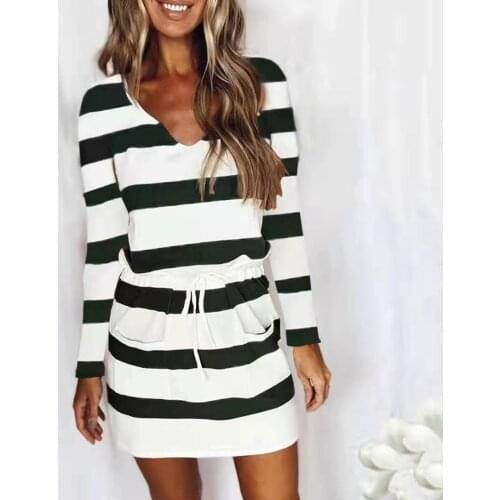 Women Dress Stripe V-Neck Long Sleeves Drawstring Waist Casual Skirt with Pockets for Summer Autumn Ladies 6 Colors