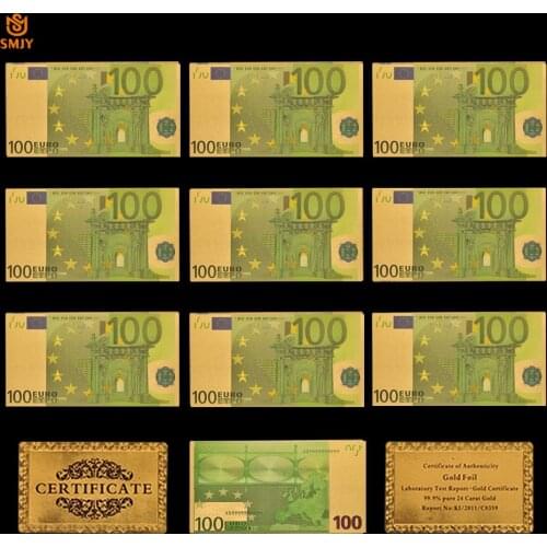 10PCS/Lot Colorful Euro Gold Banknotes 100 Euros 24k Gold Plated Replica Paper Money Collection Gifts