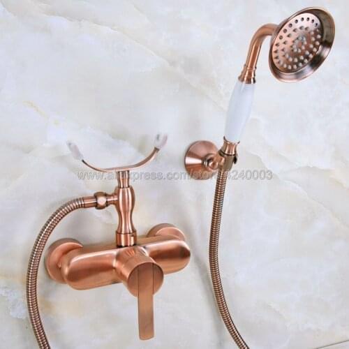 Antique Red Copper Wall Mounted Bathroom Faucet Bath Shower Mixer Tap With Hand Shower Head Shower Faucet Sets Kna348