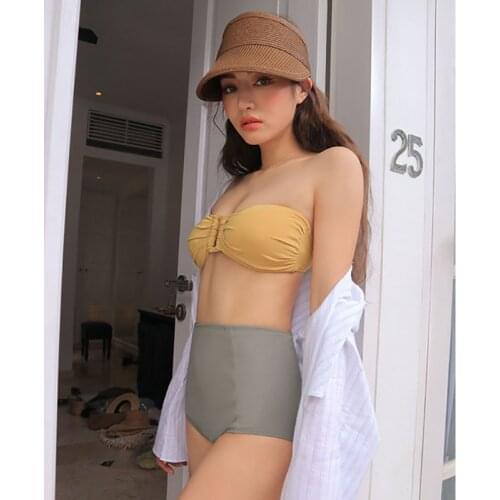 Strapless Two Piece Swimwear Womens Solid Color 2Pcs Bikini Suit Low Neck Bustier Top with High Waist Triangle Bottoms for Beach