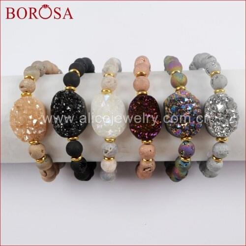 BOROSA 5/6PCS Fashion Titanium Rainbow Drusy With 8mm Druzy Beads Bracelet Gems Bangle Jewelry For Women G1561