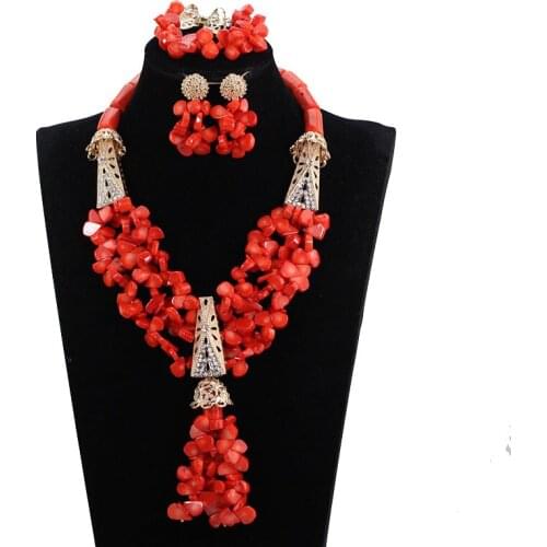 Cheap African Real Coral Latest Nigerian Wedding Coral Statement Necklace Set Bridal Jewelry Dubai Gold Beads Jewelry Set ABH671