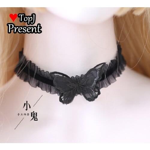 Lolita Japanese elegant Neck chain Lolita lace Butterfly Hair Band white flowers and black Lolita cosplay accessory